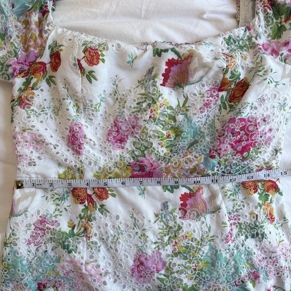 FORE White Lace Floral Print Mini Dress Puff Sleeves L - Picture 15 of 15